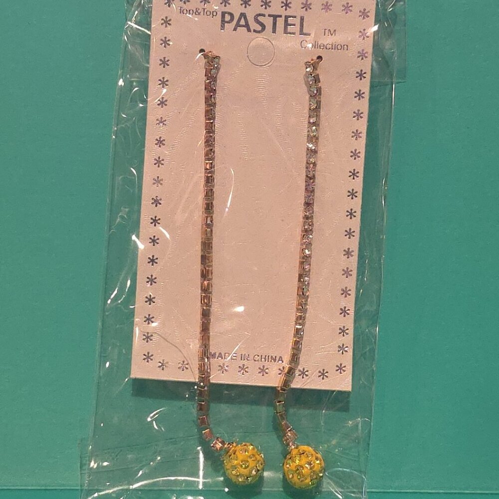 Pastel Dangle Drop Rhinestone Yellow Earrings, Gold Tone